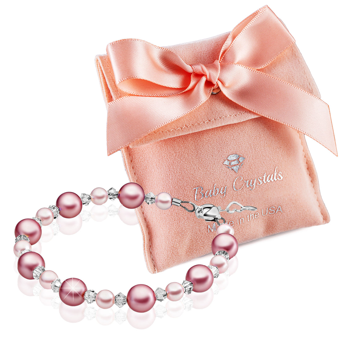 Sterling Silver Bracelet for Girls with Rose & Pink Pearls & Clear Crystals