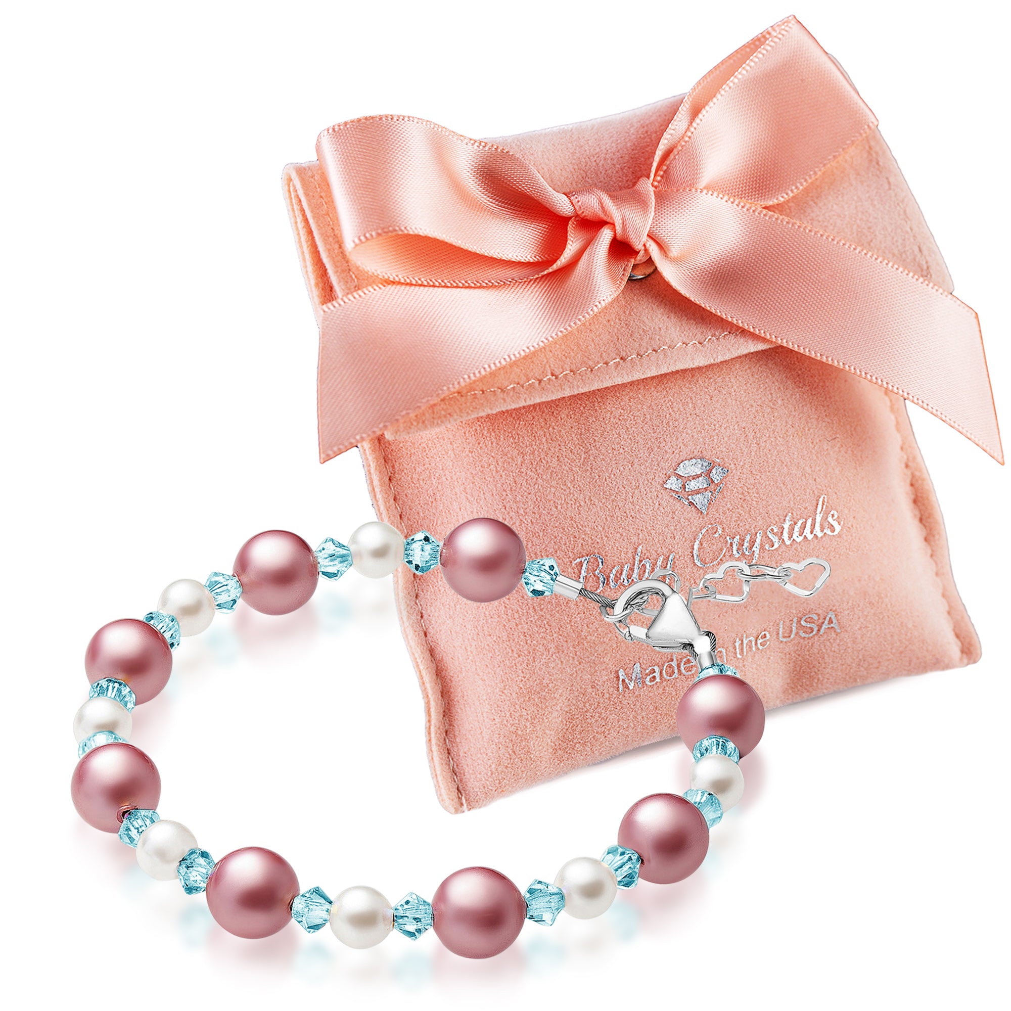 Personalized Birthstone Bracelets for Girls -White and Rose Simulated Austrian Pearls Crystals, Sterling Silver Initial Charm Bracelet Jewelry for Babies to teens, Customized Alphabet Letters