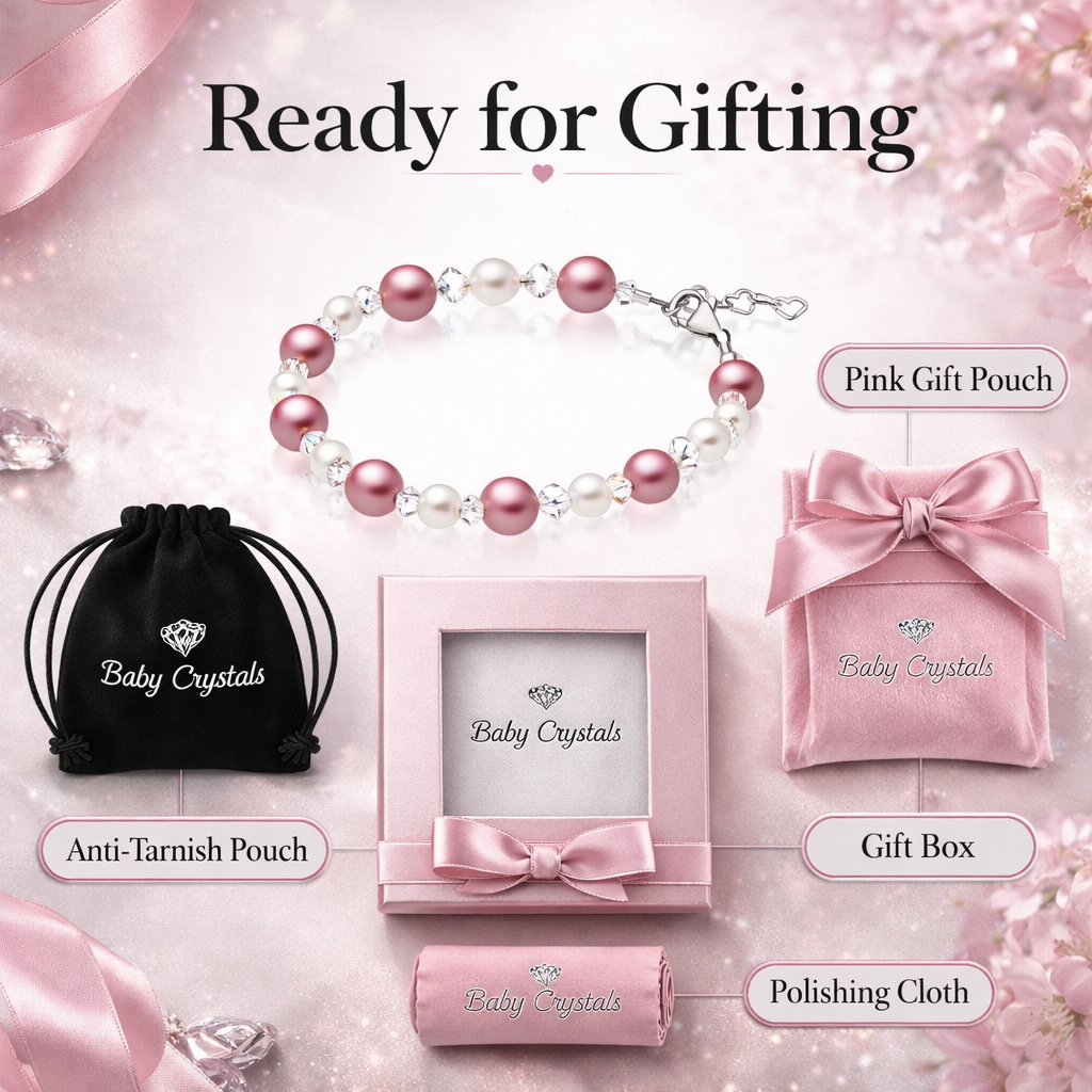 White &amp; Rose Pearl Baby Bracelet, Sterling Silver Crystal Gift