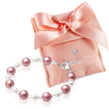 Infant Baby Girl Bracelet with Rose & White Pearls & Clear Crystals