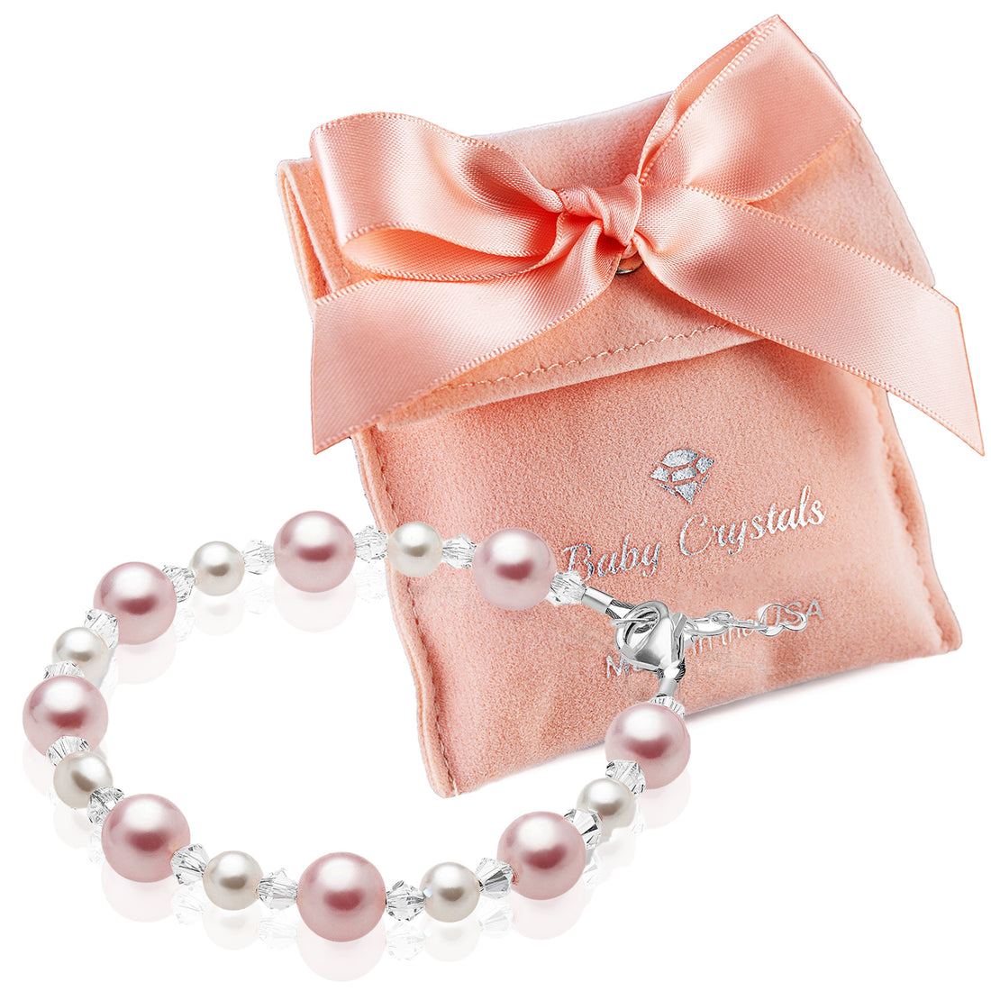 Infant Baby Girl Bracelet with Pink & White Pearls & Clear Crystals