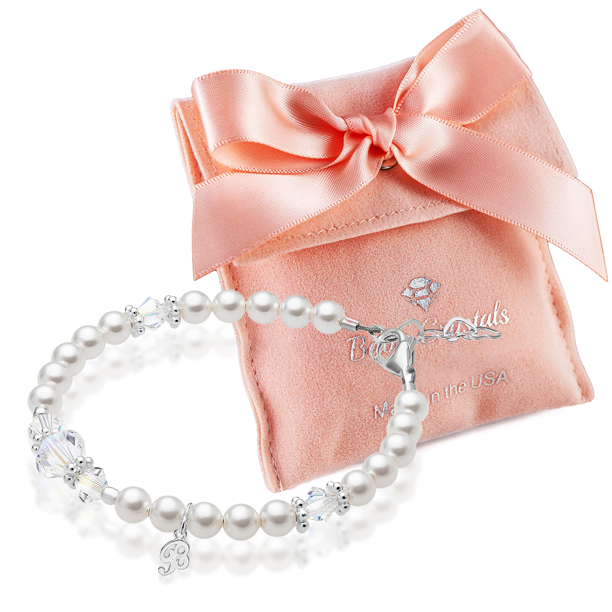 Baby Crystals Personalized Sterling Silver Pearl Initial Charm Bracelet – Custom Letter Jewelry for Baby Girls, Kids, Teens &amp; Women, Baptism &amp; Birthday Gift