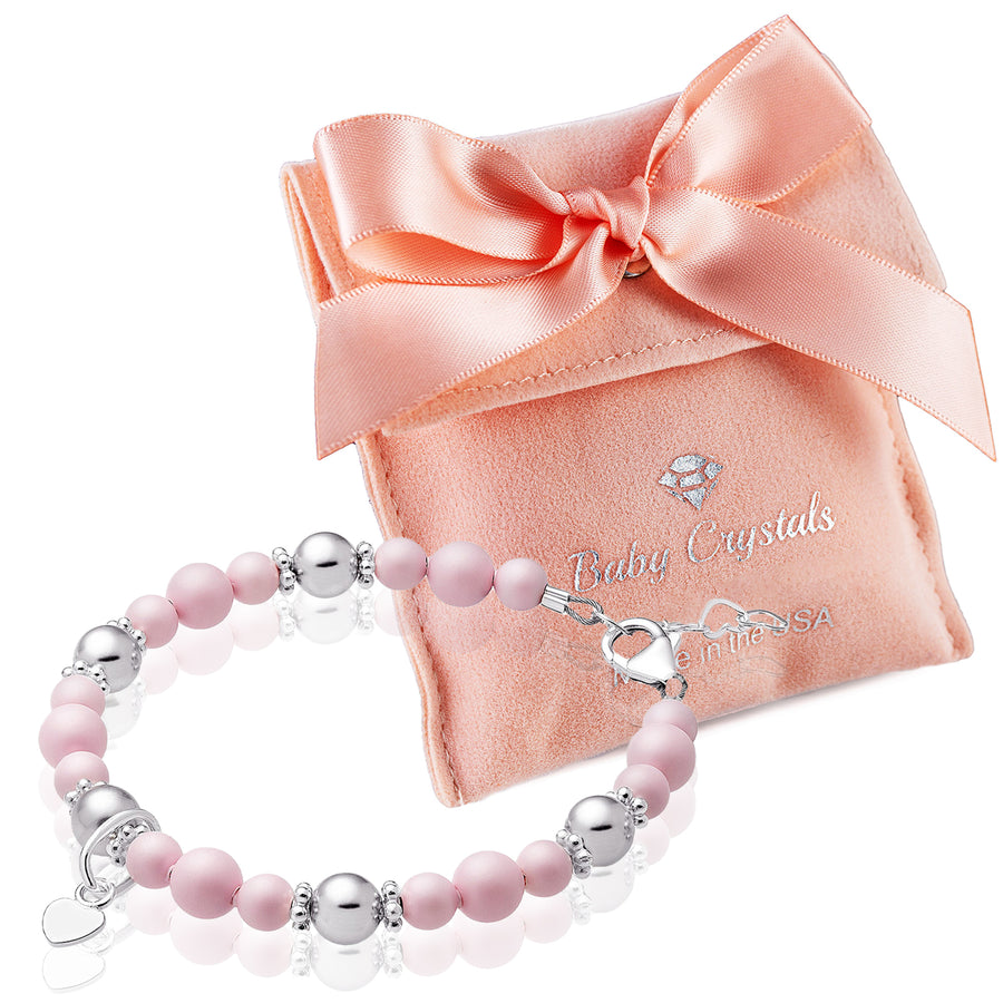 Sterling Silver Heart charm Bracelet for Girls with Pastel Rose Pearls