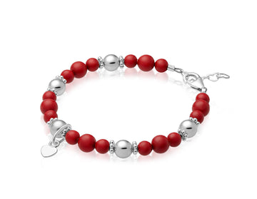 Sterling Silver Heart Charm Pearl Bracelet for Girls -Red Coral Simulated European Pearls