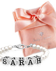 White Pearls Name Bracelet, Sterling Silver Mothers Gift