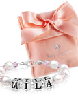 White Pearls and Pink Crystals Sterling Silver Name Bracelet Girl