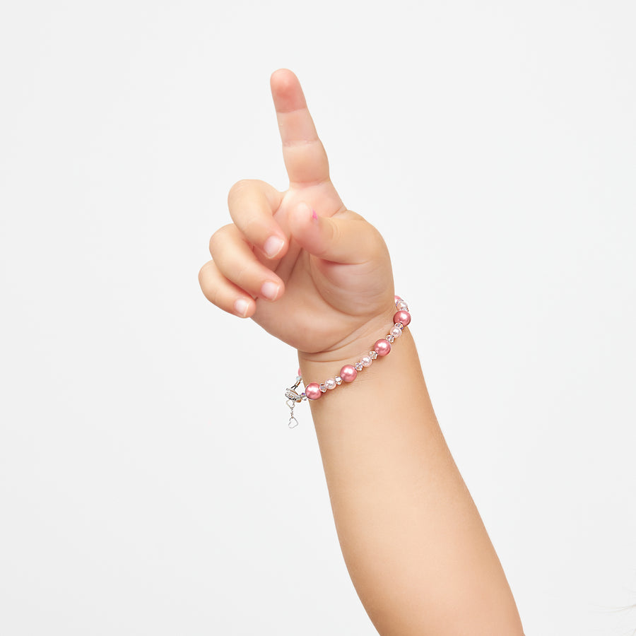 Infant Baby Girl Bracelet with Rose & Pink Pearls & Clear Crystals