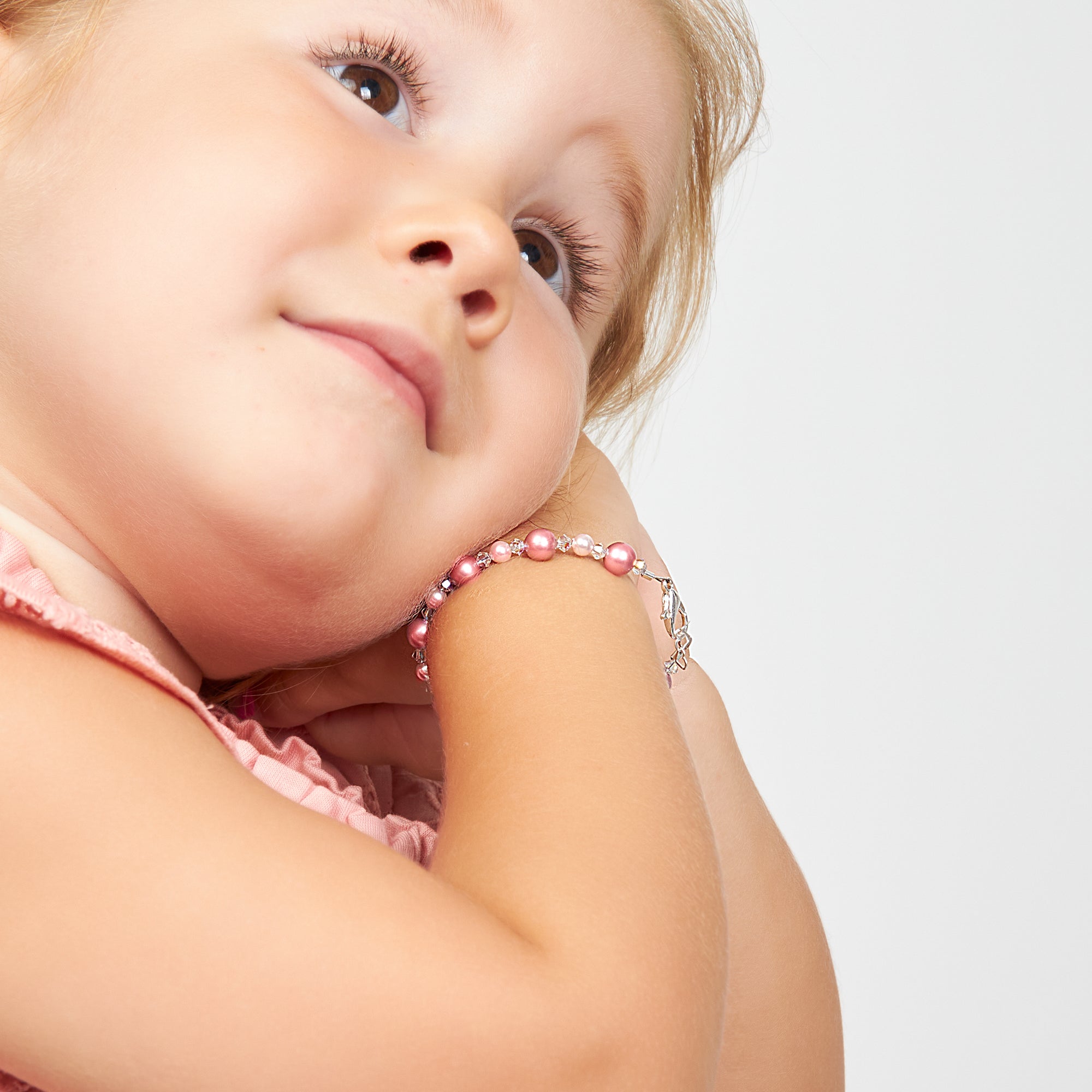 Infant Baby Girl Bracelet with Rose &amp; Pink Pearls &amp; Clear Crystals