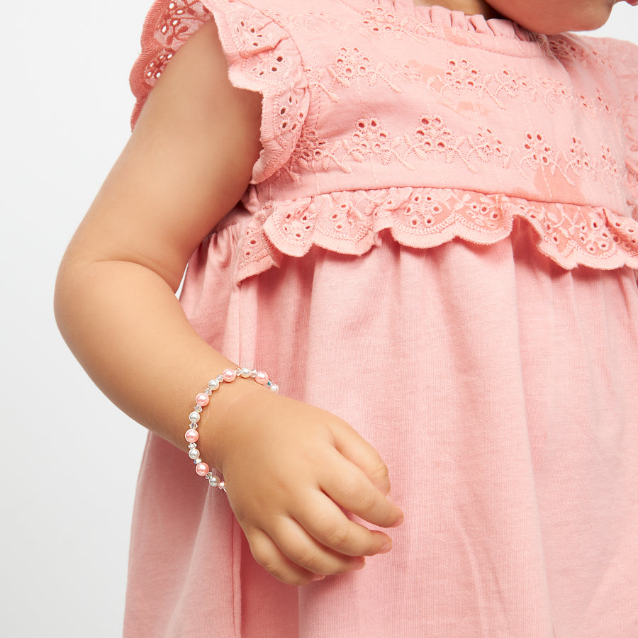 Infant Baby Girl Bracelet with Pink & White Pearls & Clear Crystals