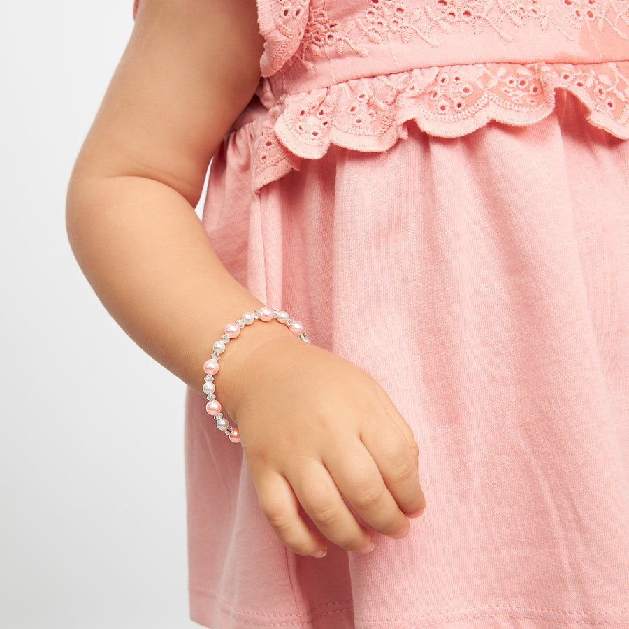 NewBorn Baby Girl Bracelet with Pink & White Pearls & Clear Crystals