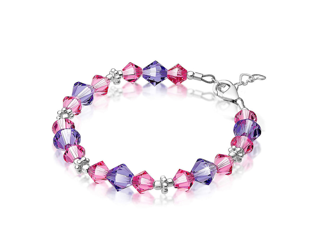 Multicolor Beaded Crystal Bracelet for Girls with Sterling Silver Heart Chain