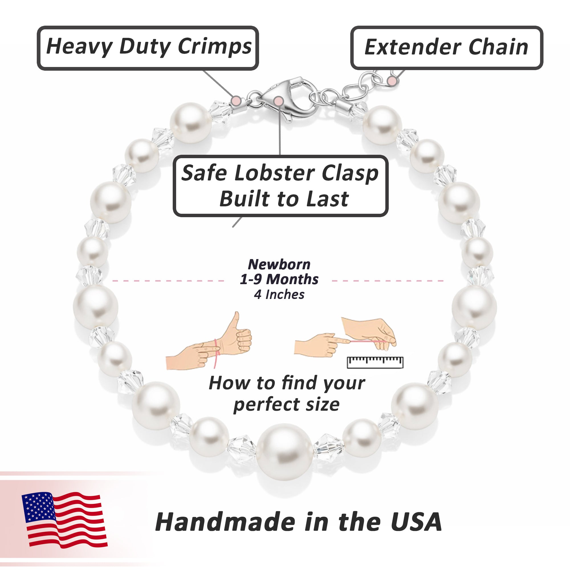 White Pearl &amp; Clear Crystal Bracelet, 14K Gold Plated Girls Jewelry