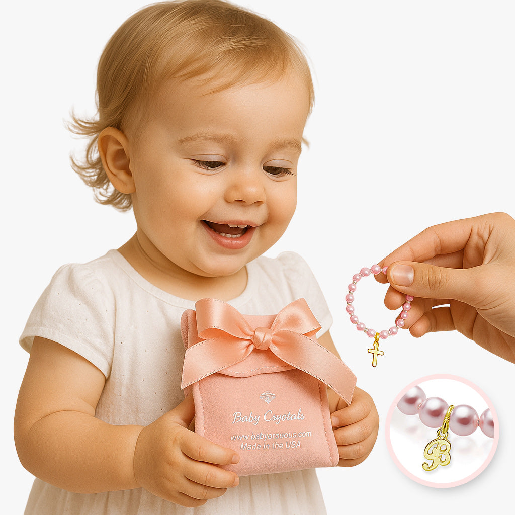 Baby Crystals 14K Gold-Plated Letter initial A-Z Charm Bracelets for Girls, Personalized Jewelry Pearl Bracelet for Baby Girls, infant, Toddlers, Teens | Sister, Cross, Charms, Birthday, Baptism Gifts