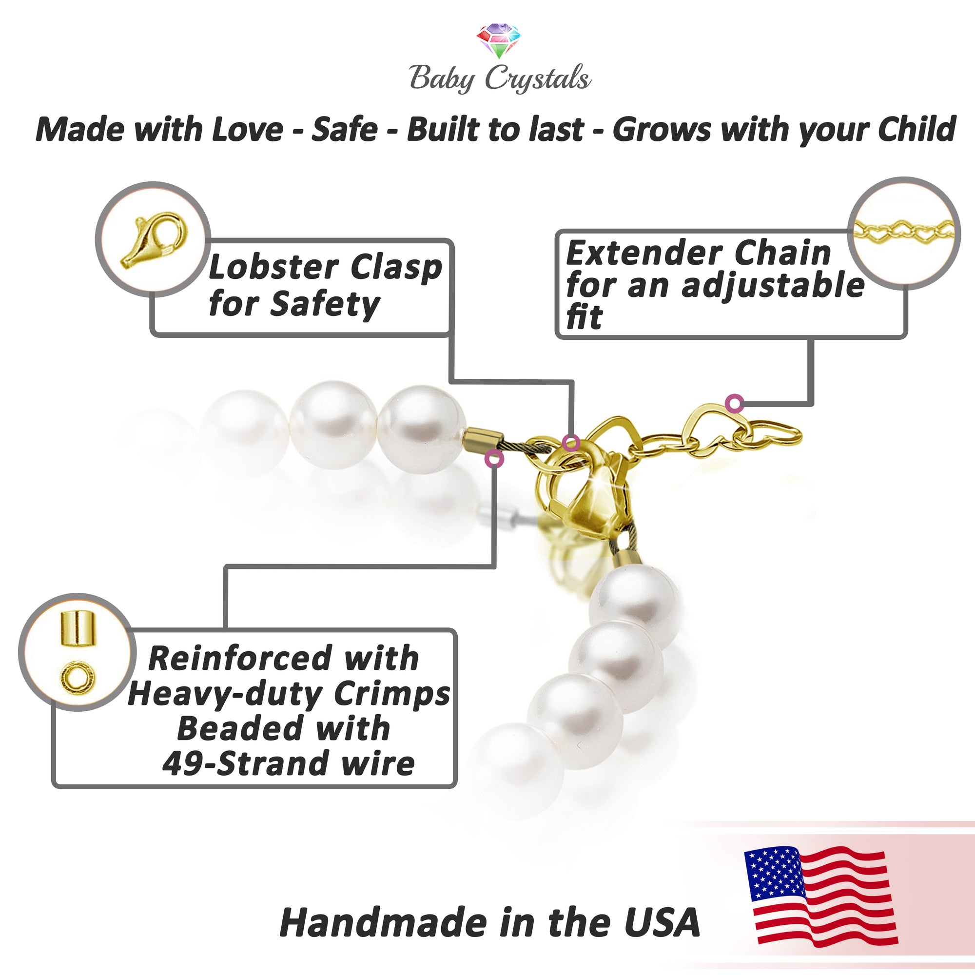 14K Gold Initial White Pearl Bracelet Girls