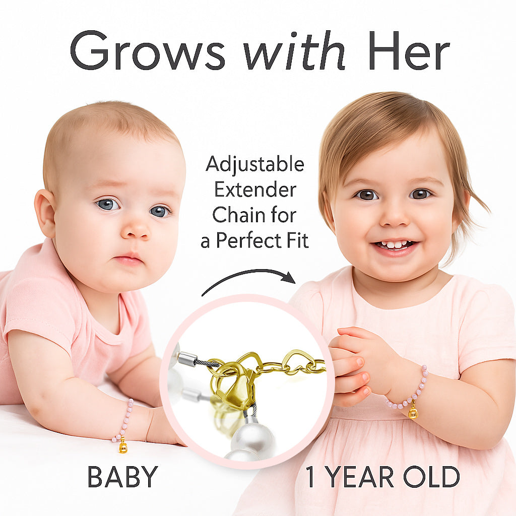 Pink Pearl &amp; Clear Crystal Bracelet, 14K Gold Plated Baby Girl Gift