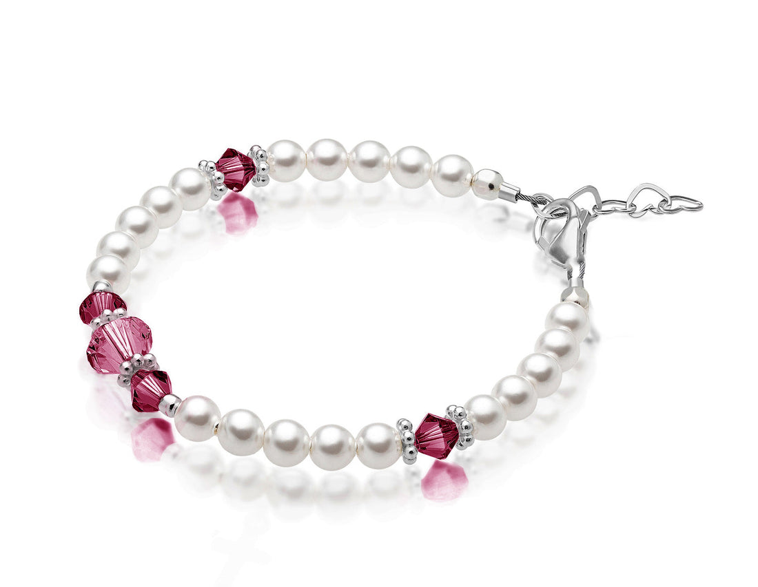 Personalized Birthstone Pearl Bracelet for Girls with Birthstone Crystals