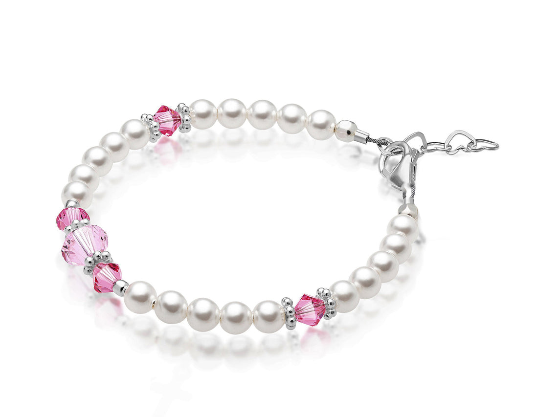 Personalized Birthstone Pearl Bracelet for Girls with Birthstone Crystals