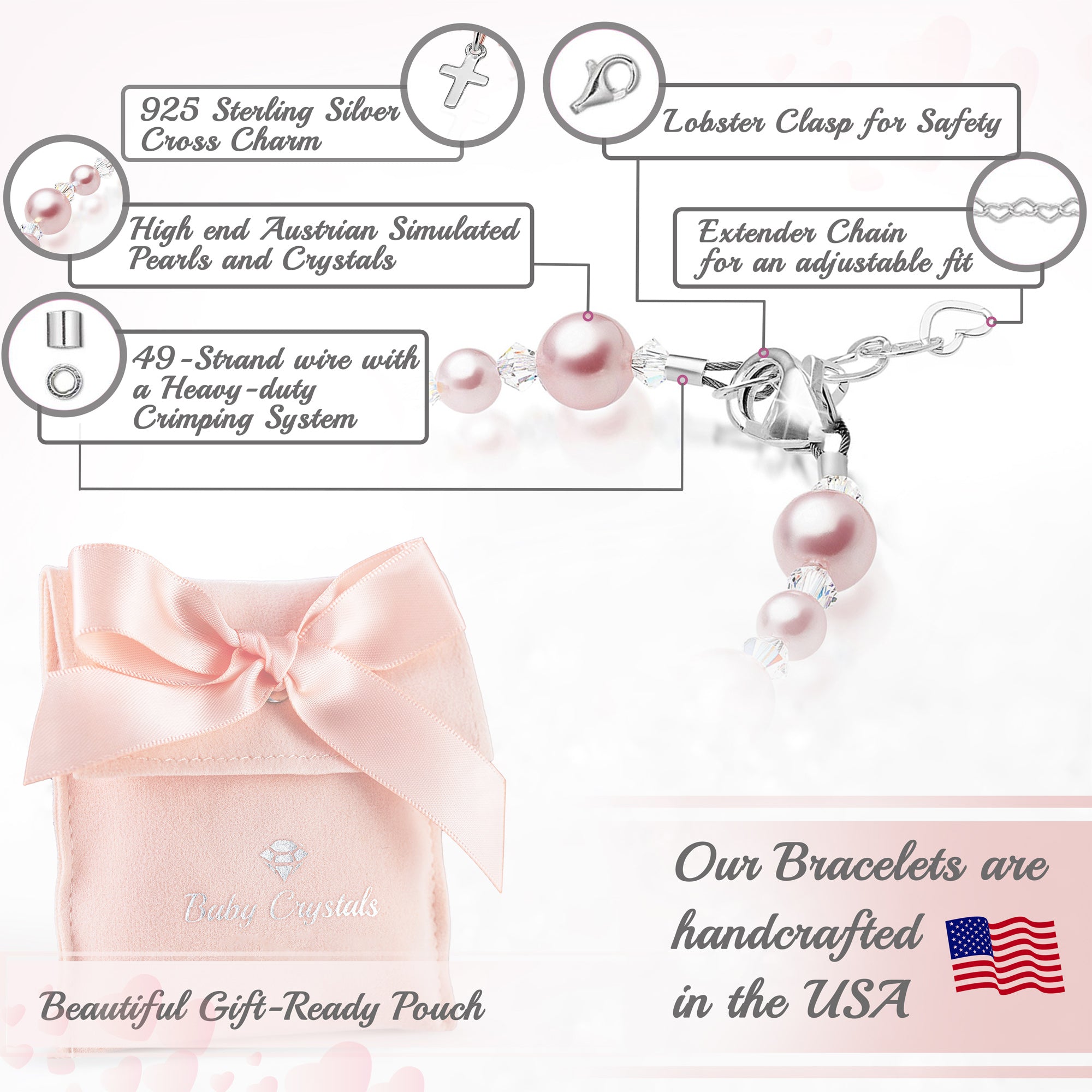 Teen Girl Sterling Silver Cross Pink Pearl Christening Baptism Bracelet