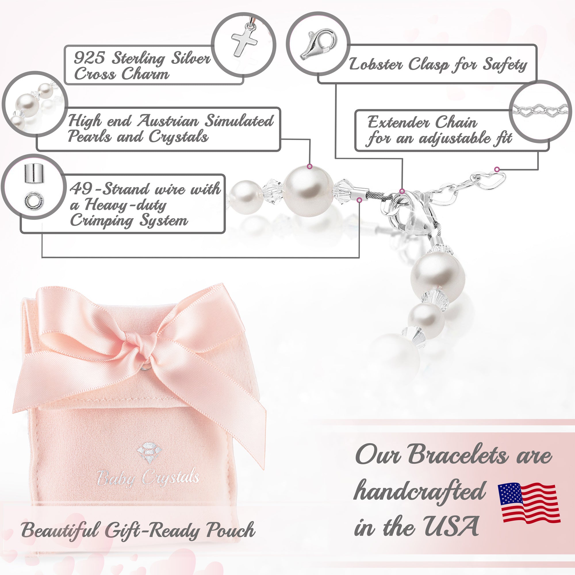 Teen Girl Sterling Silver Cross Baptism Pearl Bracelet White Pearl Pink Crystals