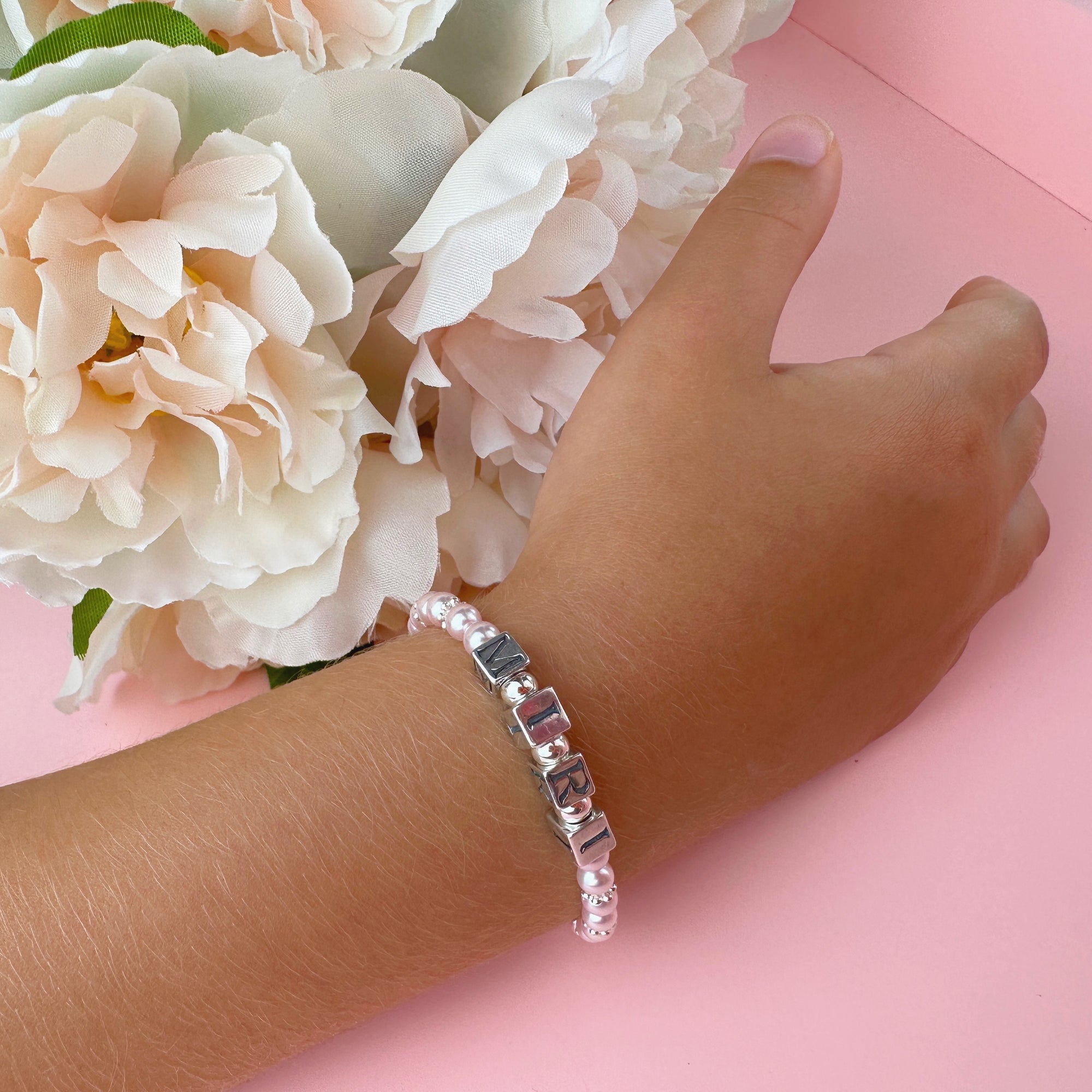 Pink and White Pearl Name Bracelet with Sterling Silver Alphabet Beads
