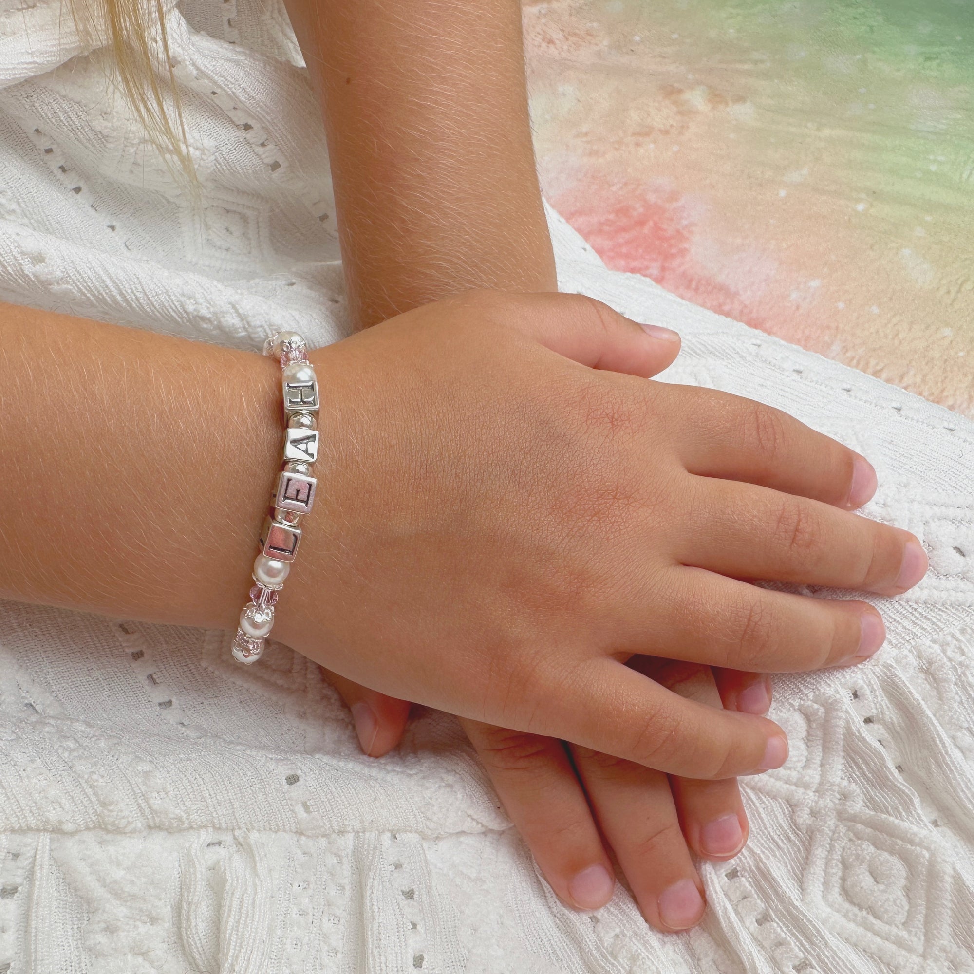 Pink &amp; White Pearls Name Bracelet, Sterling Silver for Girls
