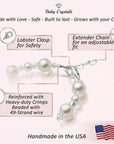 White Pearl Charm Bracelet, Sterling Silver Baptism Cross & Pink Crystals