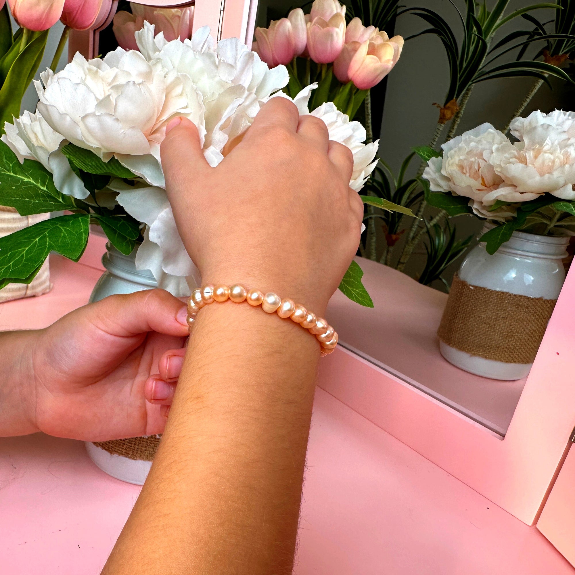 Freshwater Cultured  Peach Pearl Baby Bracelet, Sterling Silver Gift