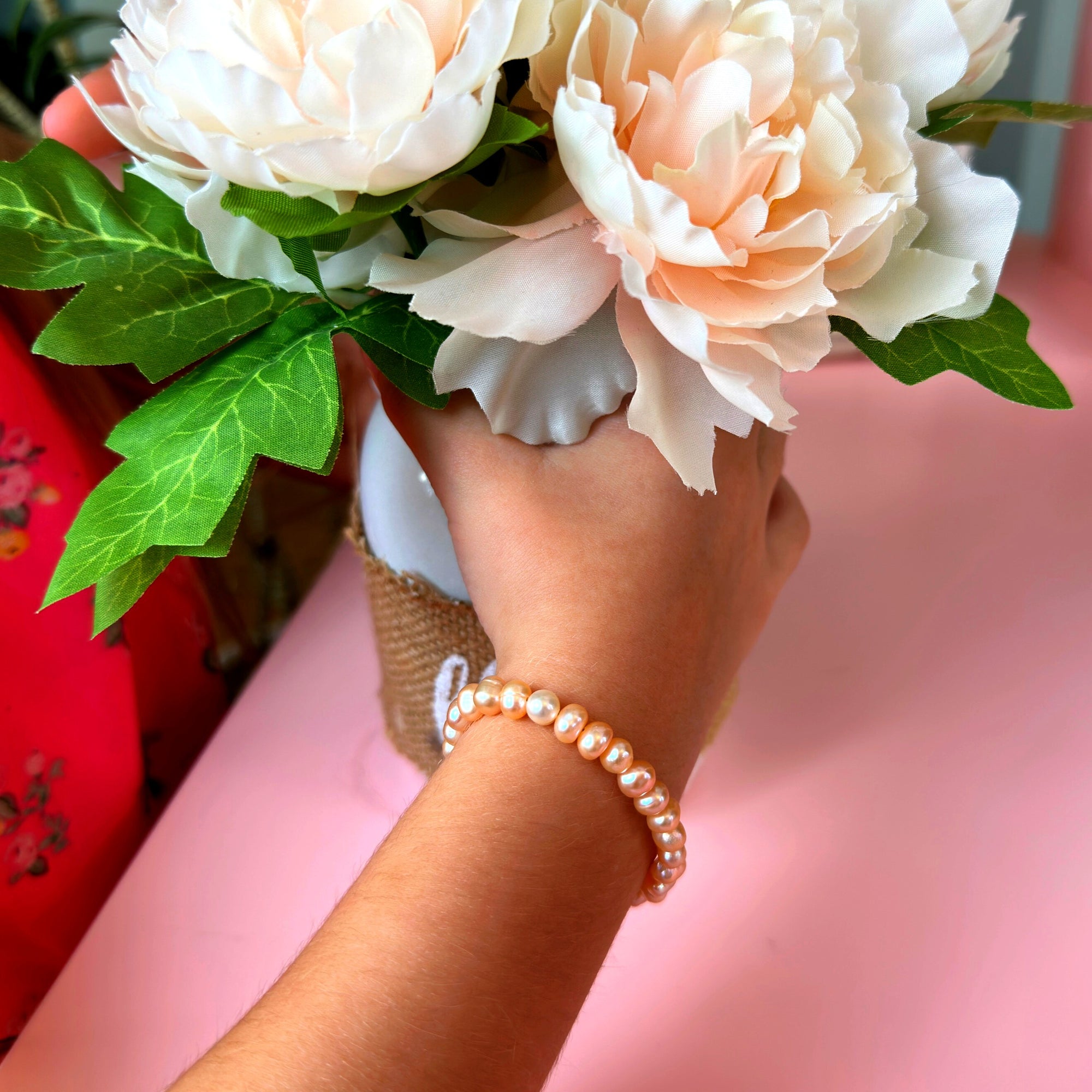 Freshwater Cultured  Peach Pearl Baby Bracelet, Sterling Silver Gift