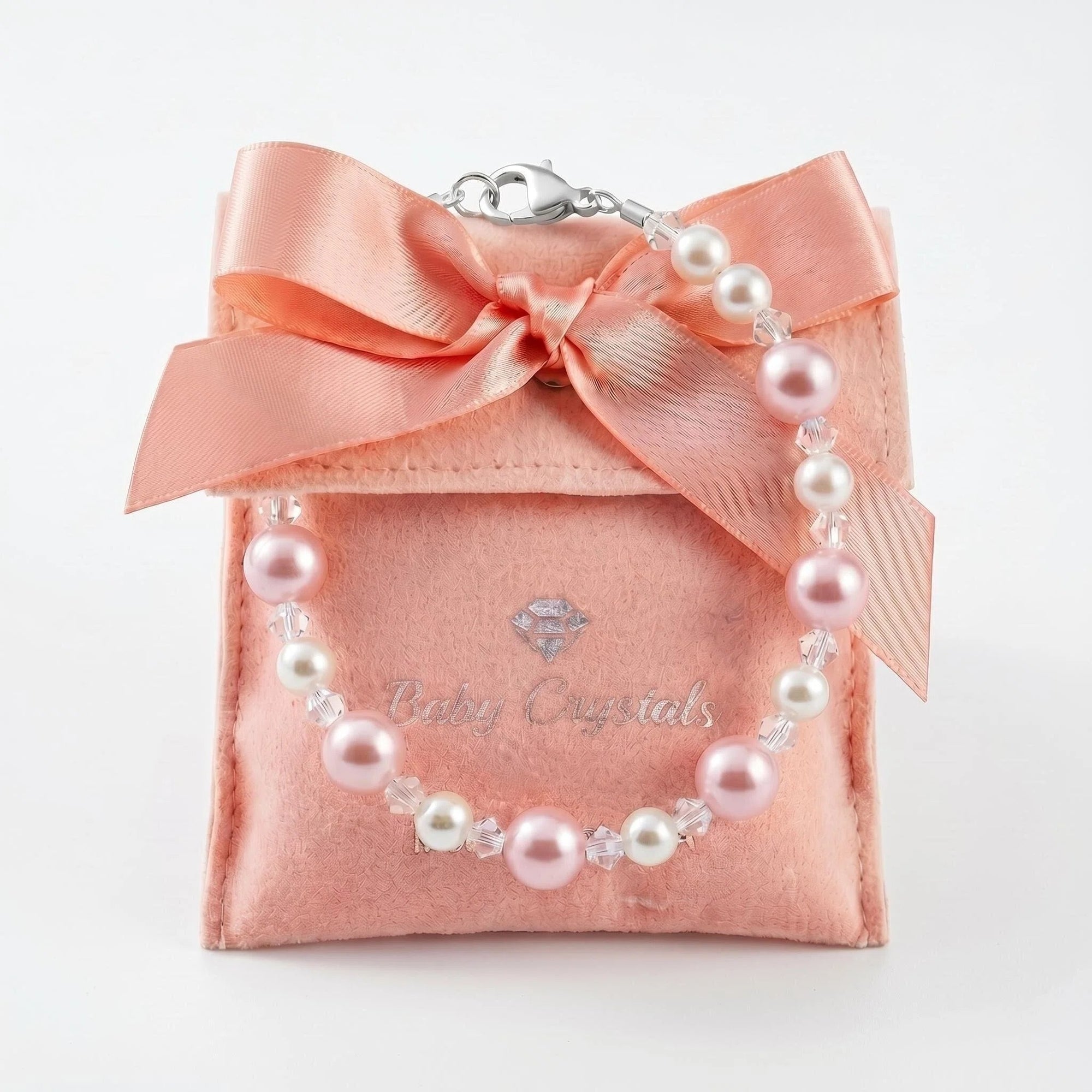 Little Girl Toddler Bracelet with White Pearls &amp; Clear Crystals