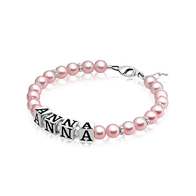 Custom Name Bracelets for Girls 925 Sterling Silver Alphabet Block Letters, Pink Pearl