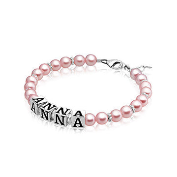 Custom Name Bracelets for Girls 925 Sterling Silver Alphabet Block Letters, Pink Pearl