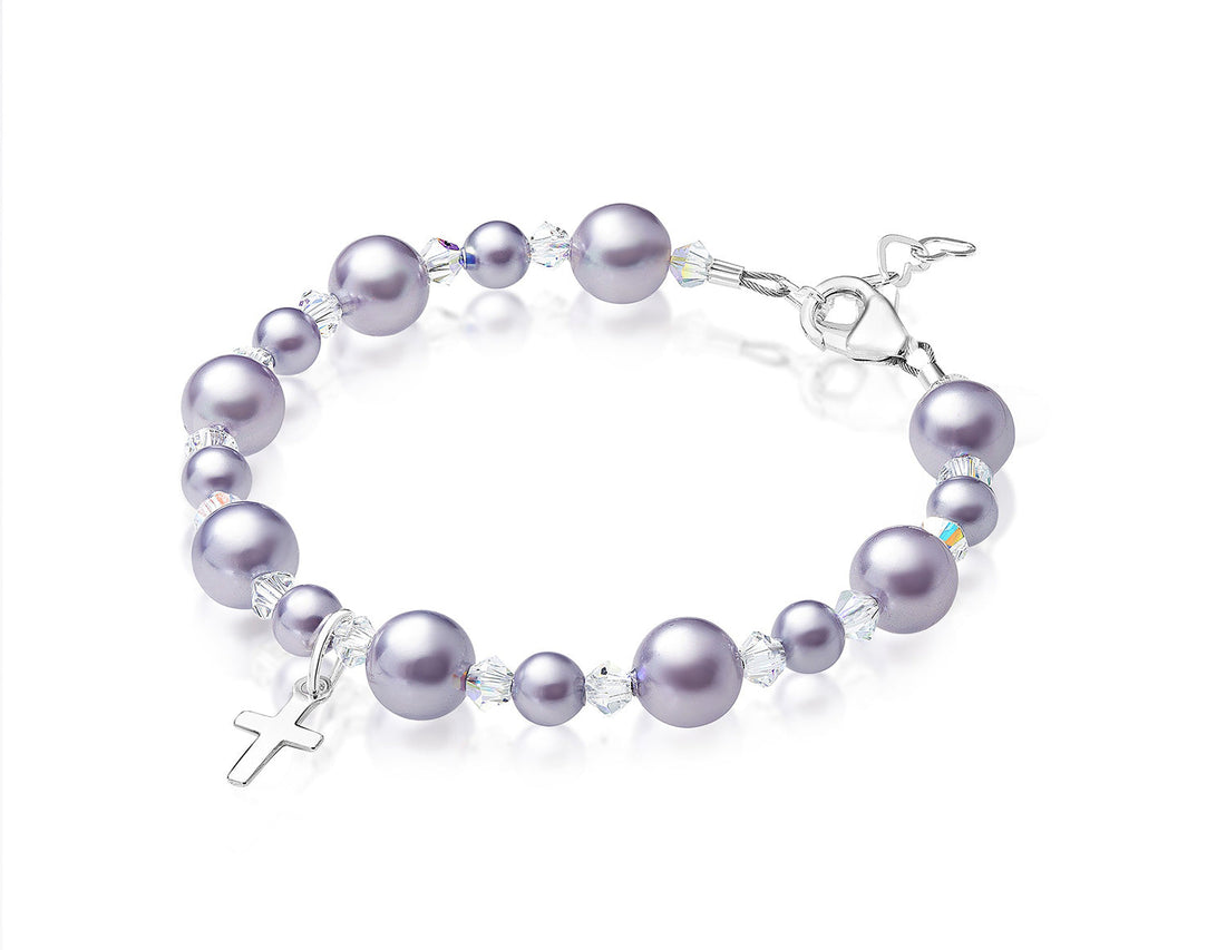 NewBorn Baby Baptism & Christening Sterling silver Cross Charm Bracelet Lavender Pearl