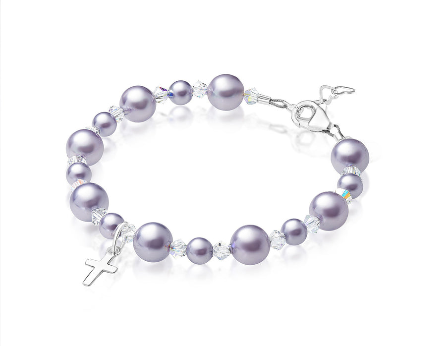 Baptism & Christening Sterling silver Cross Bracelet for Girls Lavender Pearls & Clear Crystals