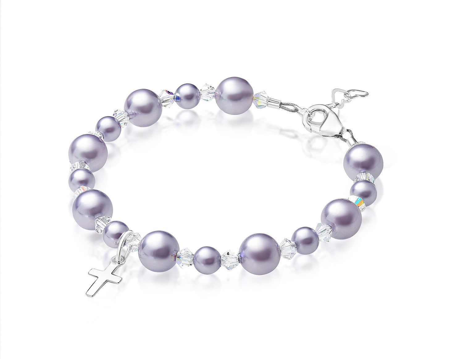 Teen Girl Baptism &amp; Christening Sterling silver Cross Charm Bracelet Lavender Pearl