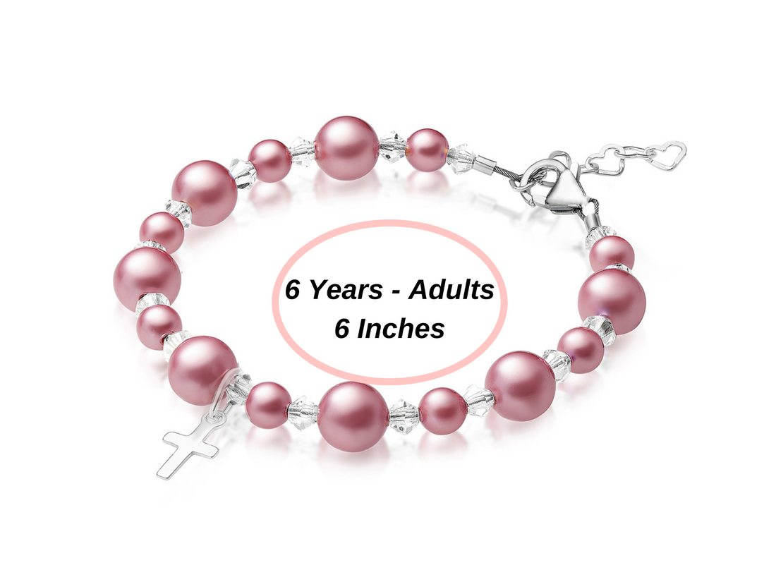 NewBorn Baby Girl Baptism & Christening Rose Pearl Sterling silver Cross Charm Bracelet