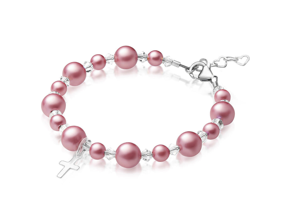 NewBorn Baby Girl Baptism & Christening Rose Pearl Sterling silver Cross Charm Bracelet