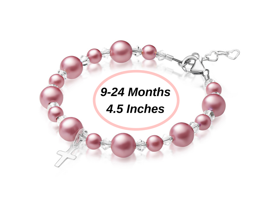 NewBorn Baby Girl Baptism & Christening Rose Pearl Sterling silver Cross Charm Bracelet