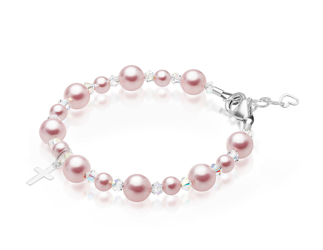 Sterling Silver Cross Charm Bracelet with Pink Pearls