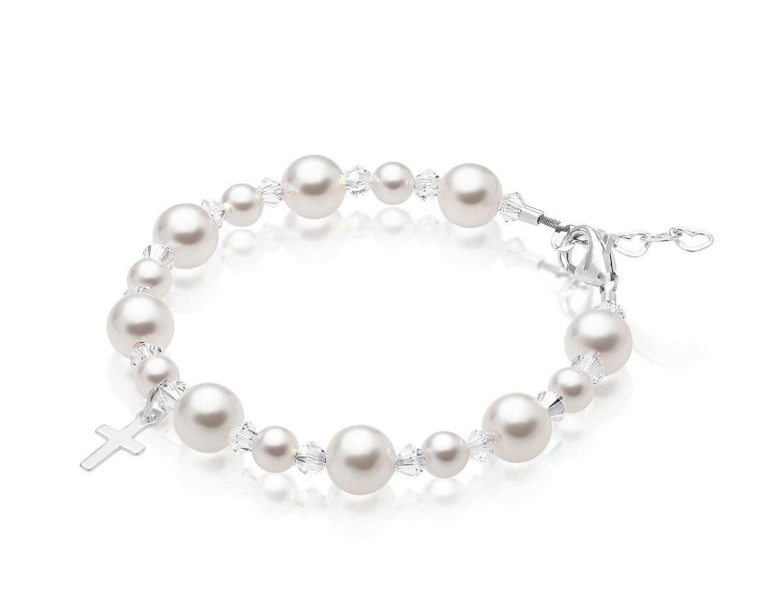 Sterling silver Cross White Pearl Bracelet for Girls Baptism & Christening