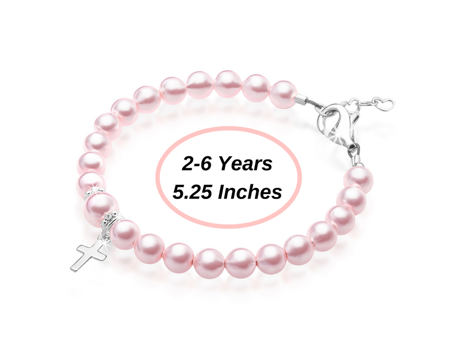 Sterling Silver Cross Charm Pink Pearl Bracelet for Girls - Baptism gifts