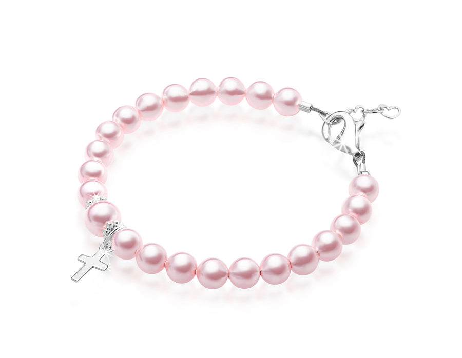 Sterling Silver Cross Charm Pink Pearl Bracelet for Girls - Baptism gifts