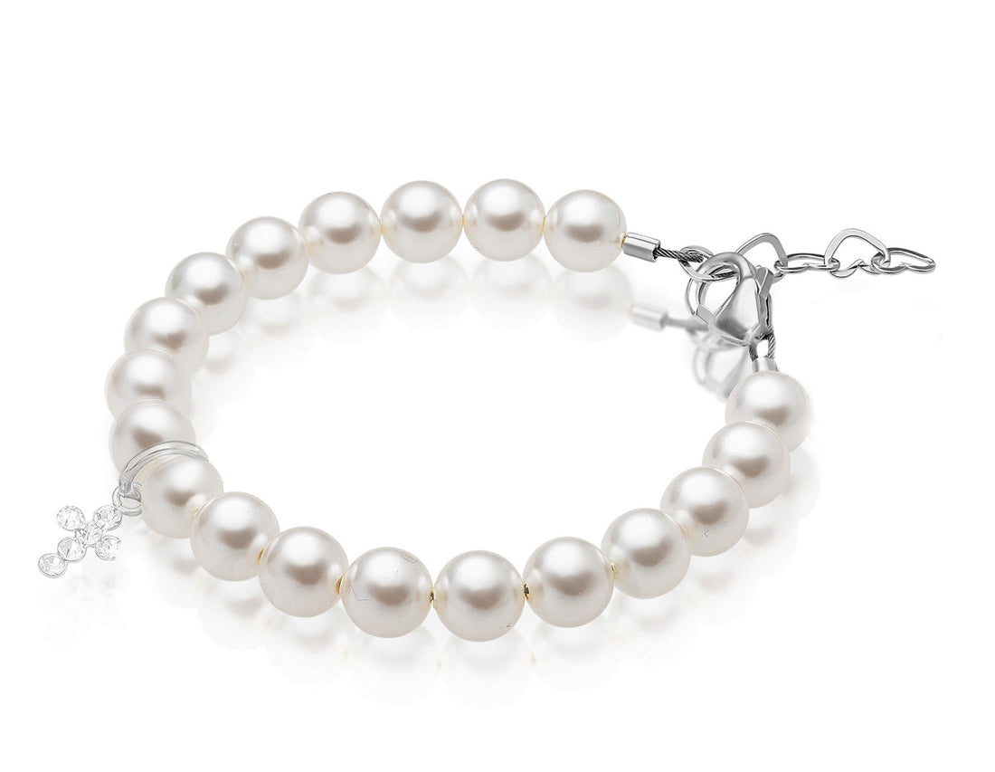 Infant Baby Sterling Silver Crystal Cross White Pearl Bracelet
