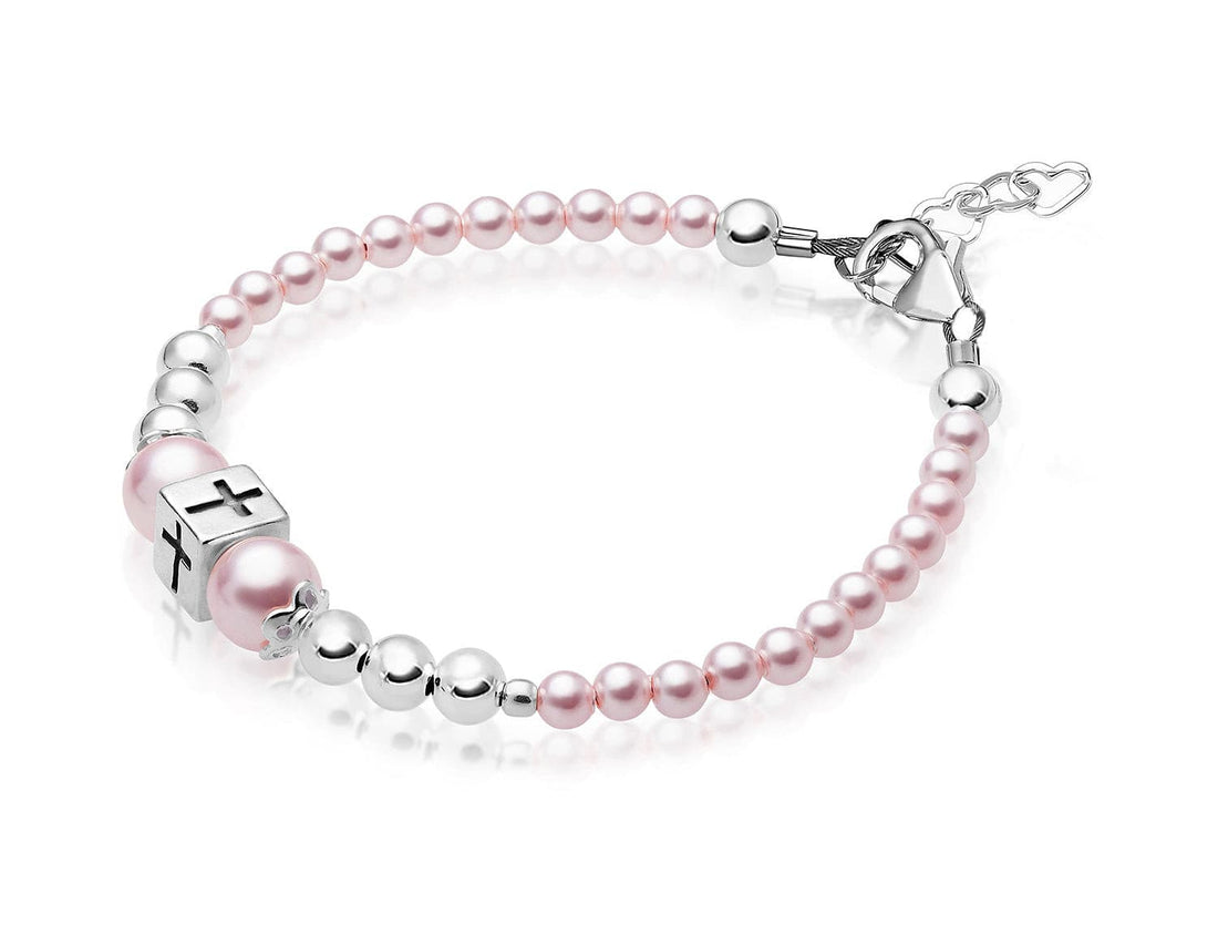 Teen Girl Sterling Silver Beads Box Cross Pink Pearl Bracelet