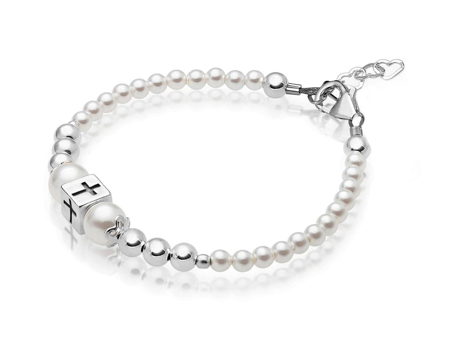 Teen Girl Sterling Silver Beads Box Cross White Pearl Bracelet