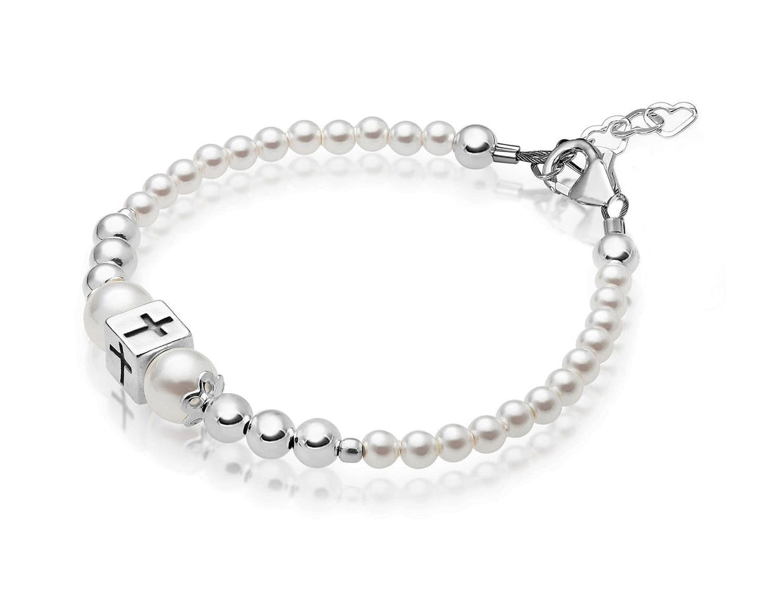 Infant Baby Sterling Silver Beads Box Cross White Pearl Bracelet