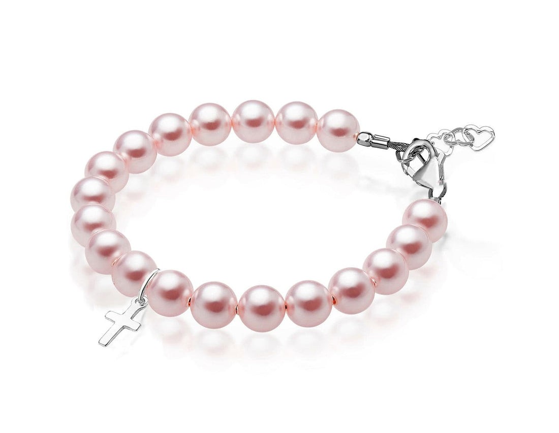 Sterling Silver Cross Charm Pink Pearl Bracelets for Girls - Baptism Gifts
