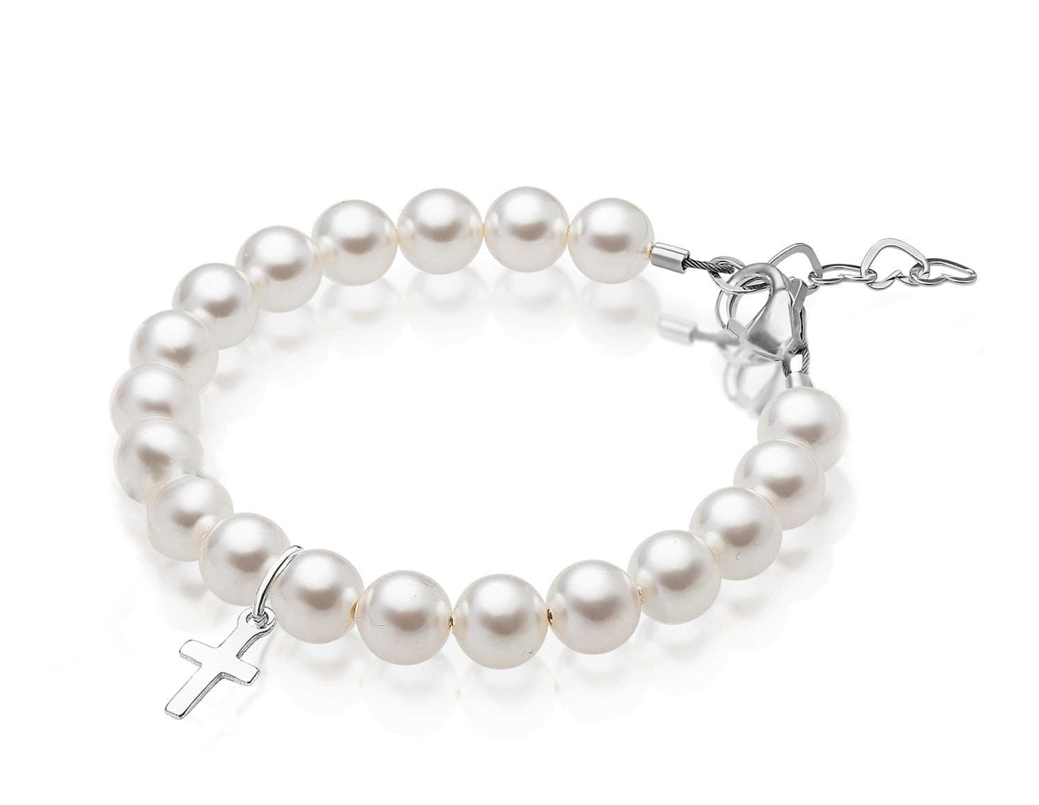 Sterling Silver Baby Charm Bracelet, White Pearls &amp; Baptism Cross
