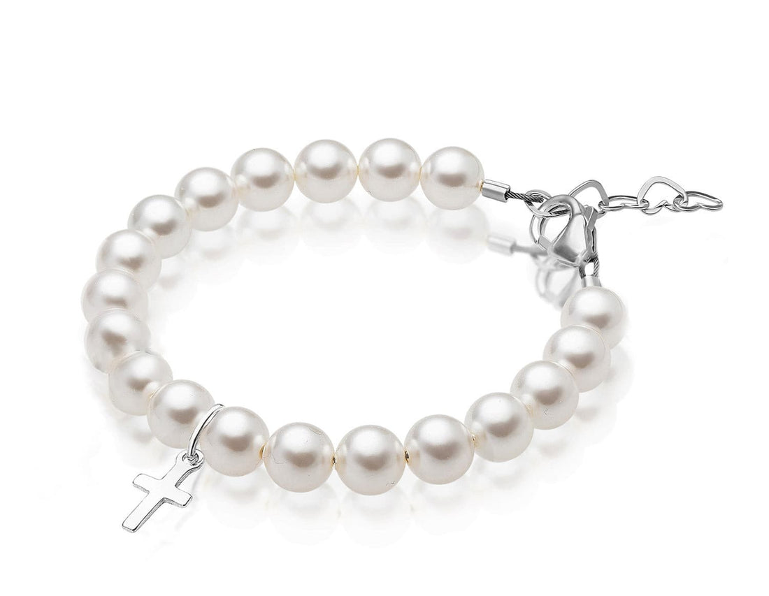 Teen Girl Sterling Silver Cross Baptism & Christening White Pearl Bracelet