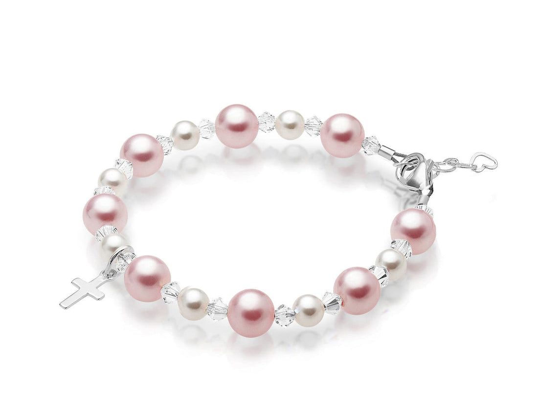 Toddler Baby Girl Baptism Bracelet Sterling Silver Cross Pink & White Pearl Clear Crystals