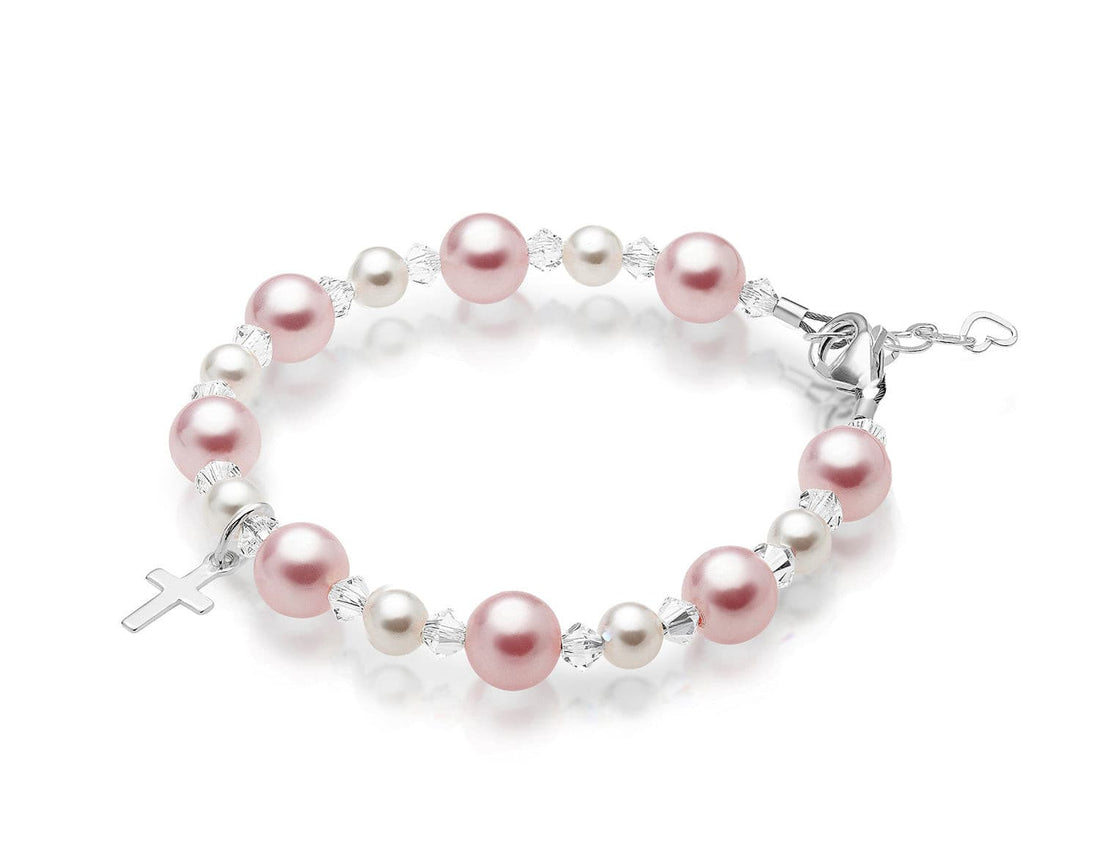 Infant Baby Girl Baptism Bracelet Sterling Silver Cross Pink & White Pearl Clear Crystals